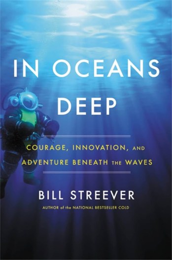 The book cover of "In Oceans Deep" with an underwater image of a diver in an atmospheric diving suit (ADS).