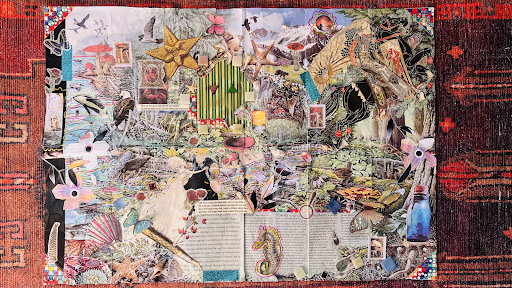 A picture of a collage depicting the scenery of the Olympic National Forest's varying ecosystems and organisms. Layered on top of the scenery are two women dancing together and a man on a horse riding away from the couple.