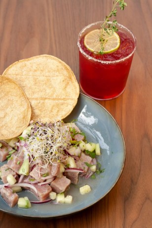 Tuna ceviche on a plate topped with sprouts and served with two tortillas and a margarita.