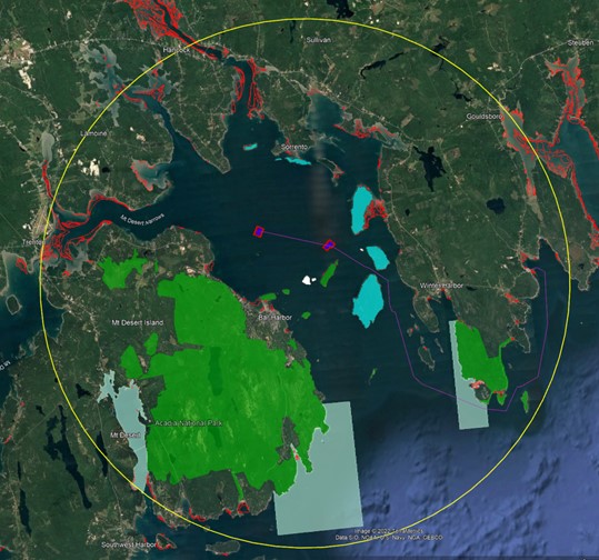 A satellite map depicting Frenchman Bay and surrounding land with layers highlighting Acadia National Park, conserved islands, eelgrass habitat, areas of high water quality, and the proposed site.