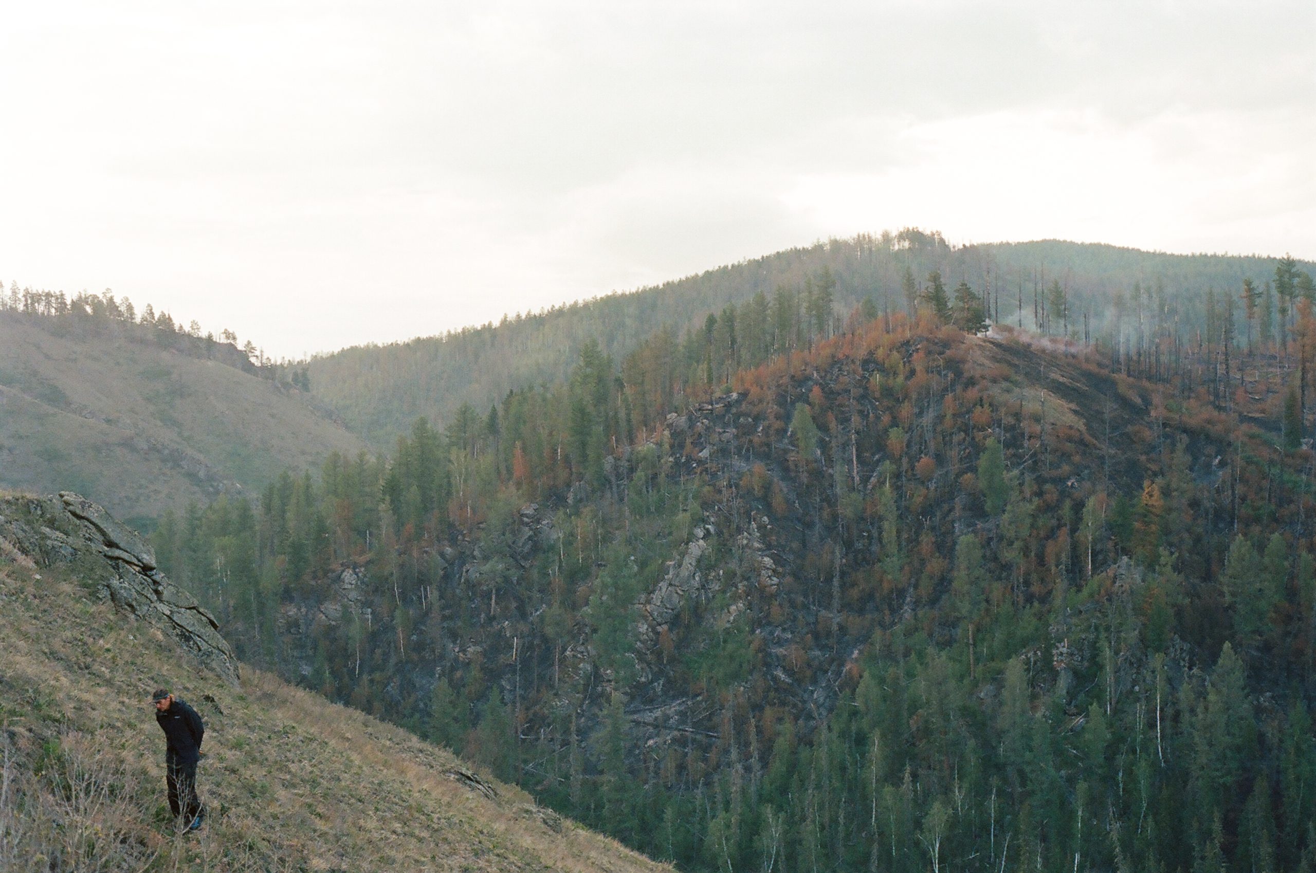 A figure on an adjacent hillside walks slowly with their hands behind their back, eyes to the ground. In the background a burned hillside still smokes from a recent burn.
