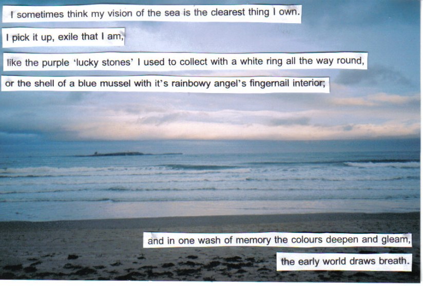 A muted sunset with lines from Ocean 1212-W cut out and pasted over the top of the photo. The lines read: I sometimes think my vision of the sea is the clearest thing I own. I pick it up, exile that I am, like the purple 'lucky stones' I used to collect with white ring all the way round, or the shell of a blue mussel with it's rainbowy angel's fingernail interior; and in one wash of memory the colors deepen and gleam, the early world draws breath.