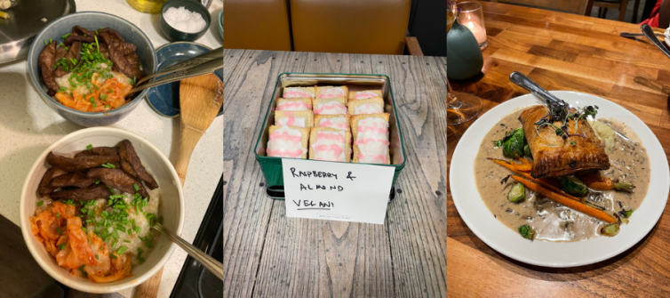 Three images showing a homemade vegan congee, homemade vegan poptarts, and a vegan mushroom wellington.