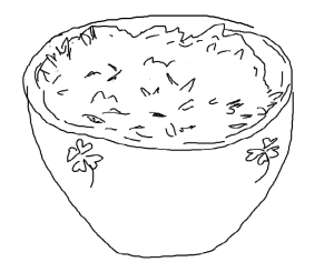A line drawing of a cereal bowl with shamrocks decorating the edge, filled with food and simple leaves falling into the bowl. 
