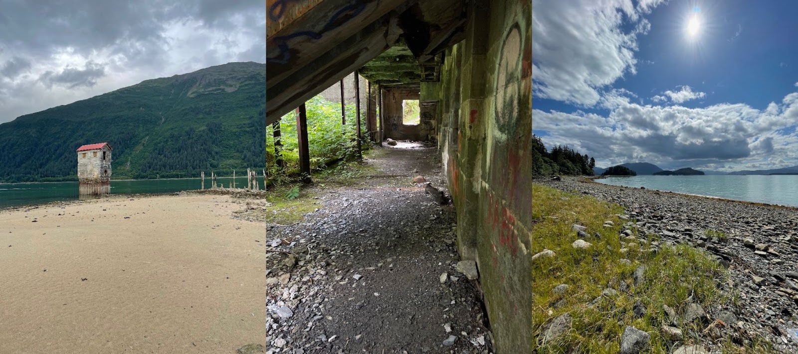Image collage showing ruins of an old Alaskan city in nature, as well as a marine bay with mountains and clouds in the background.