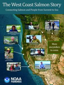 a map of California, Oregon, Washington, and Idaho, pinning nine of the storytellers photos to their geographic region. They are fairly well distributed throughout the region.