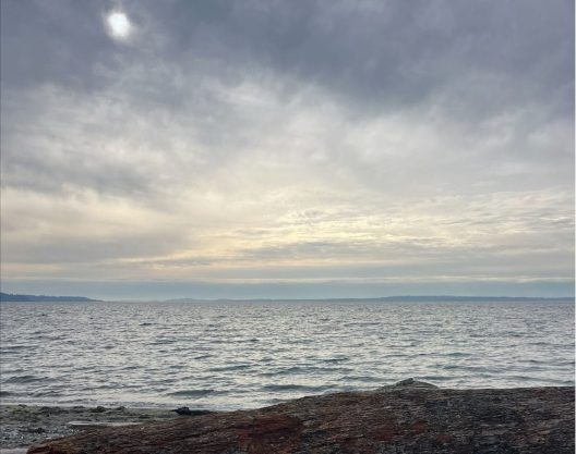 A grayscale cloudy sky over an ocean view.