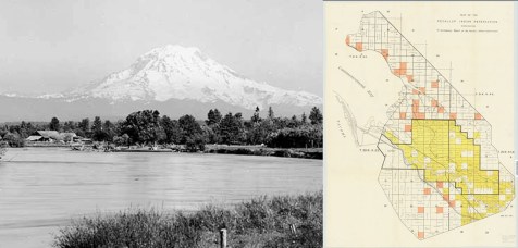 An old film black and white photo of the distinctive tall snow-capped peak of Mount Rainier. The view is over the Puyallup River looking up towards the mountain. A second photo of an old color cadastral map of the Puyallup Indian Reservation, indicating land ownership and acreage of plots. Divided into sixteenth sections. It includes creeks and railroads. Township range is given. Also includes part of Commencement Bay and Tacoma.