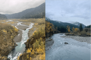 A landscape image of a winding river rushing through a valley with yellow-leafed trees and mountains in the distance (left image), a river winds calmly through a gravel bed with a few trees with yellow leaves on either side and snow-capped mountains in the distance (right image).