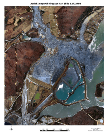 An aerial view of coal ash ponds and a power plant, next to a river in Kingston, Tennessee.