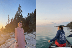 Left image- A woman smiles at the camera in a red gingham dress standing on the granite rocks with evergreen trees in the background. Right image- The back of a woman as she looks out onto the ocean holding a canoe paddle across her lap from the bow of a canoe. A small island is in the distance, the ocean is nearly flat calm.