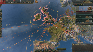 An in-game screenshot focused on Great Britain. The map is set to show the trade routes of the British Market. Dotted lines depict many trade routes that stretch across the globe.