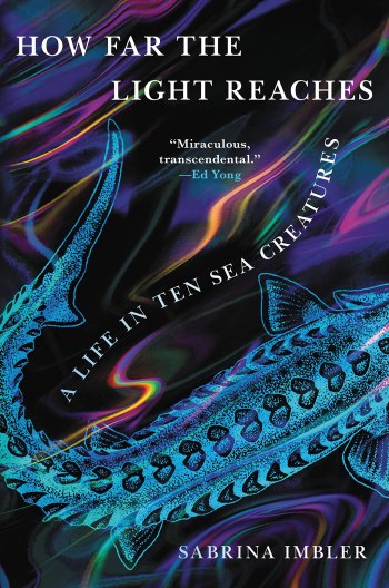 The book cover of "How Far the Light Reaches" showing a fish with holographic stylized background.