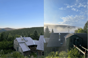 Left photo- The Zealand Falls hut, a small mountain hut, is situated amongst the rolling evergreen hills of the White Mountains. Right photo- a small woman stands in the doorway of the Zealand Falls hut as low fog hangs in the valley behind it in early morning daylight.