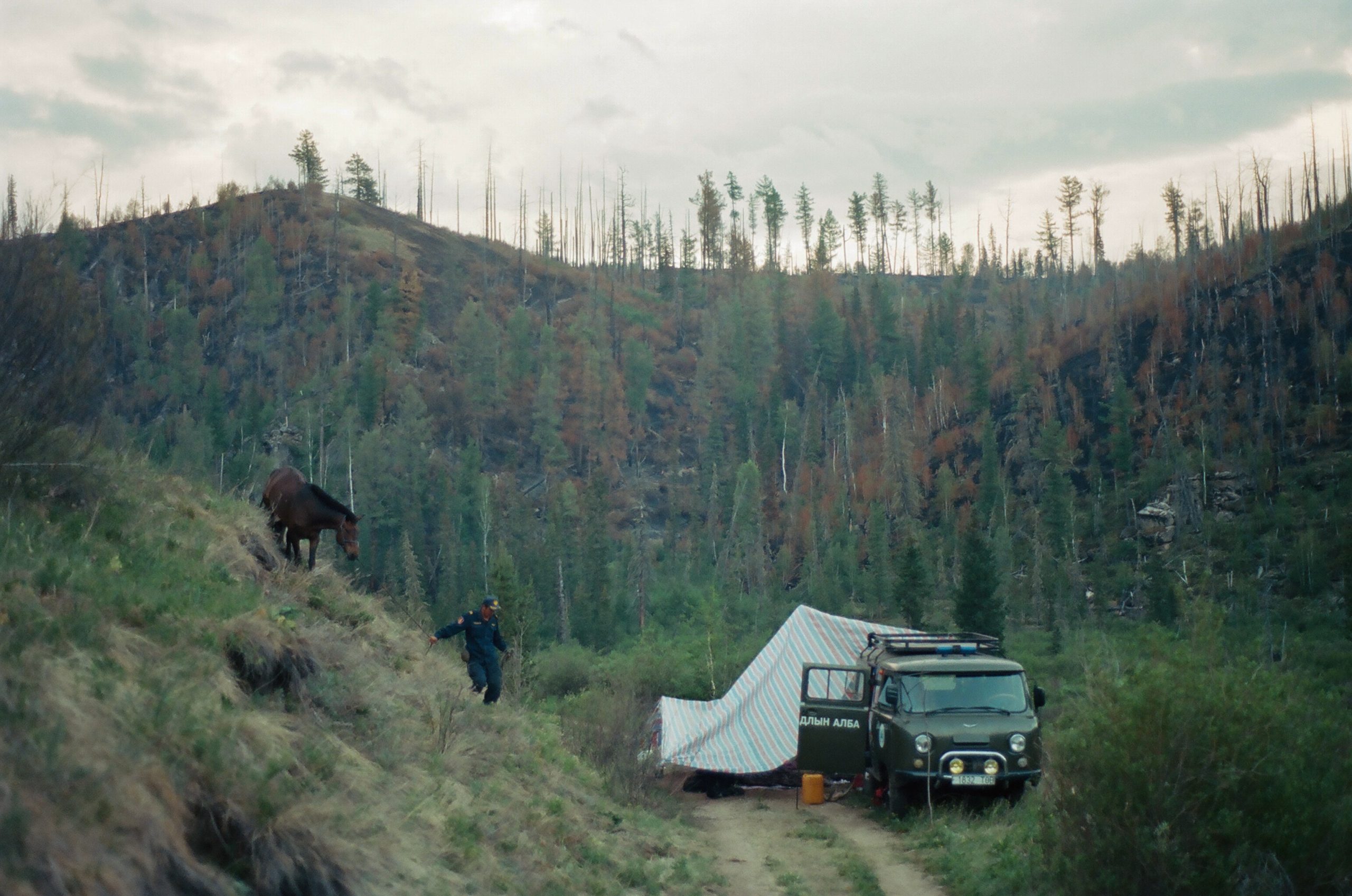 A man in a blue uniform leads a horse down a steep hillside towards a forest green 4x4 van with a camp made around it. In the background the hills are partially burnt from a forest fire that still shows in a few isolated columns of smoke.