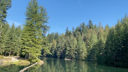A photo of the Cedar River with trees on both sides and a clear blue sky.