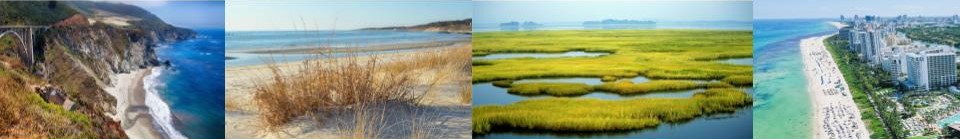 A banner showing four images of the Big Sur's rocky coastline, sand dunes, a grassy wetland, and Miami skylines along the ocean from above.