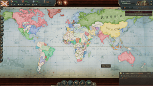 This picture shows an in-game screenshot of the map. It is zoomed out all of the way and covers the globe. It shows a rough map of the territories of 1836. Some areas are countries, others are territories, and other areas are as yet uncolonized.