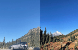 Left image-A small grey car with a person sitting on the roof in the foreground with mountains, evergreen trees, and blue sky in the background. Right image-A landscape image of red berry bushes, green evergreen trees, and a snow-covered Mount Rainier surrounded by blue sky.