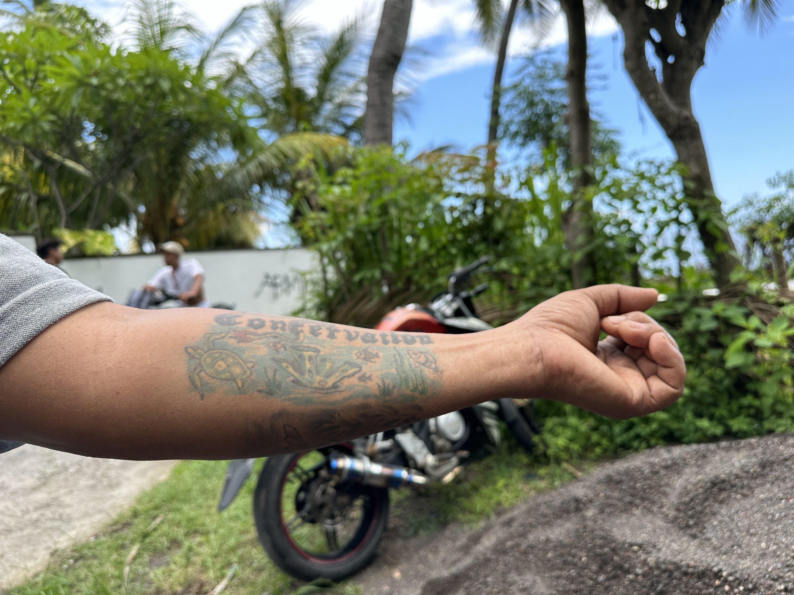 An image of a person's inner forearm showing their colorful tattoo depicting an underwater reef ecosystem with fish and a sea turtle. There is also the word 'Conservation' tattooed above the reef.
