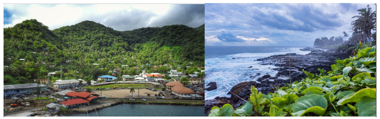 Left photo - a coastal town in American Samoa is situated amongst tropical rainforests. Right photo - waves break on the rocky and vegetated shore of American Samoa.