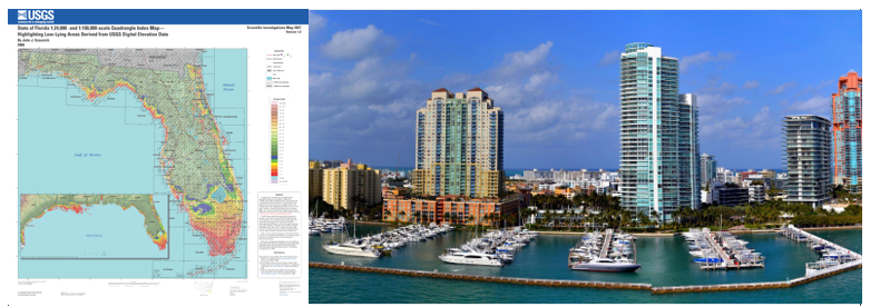 Left photo - a topographical map of Florida, showing low-lying areas at risk of flooding. Much of the coastline, especially in Southern Florida are colored red, representing high risk. Right photo - Miami marina and skyrises are situated on flat, low-lying ground.