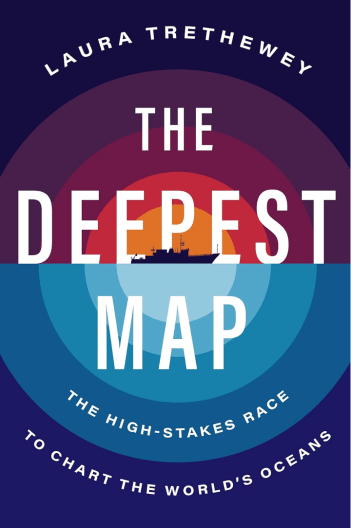 The book cover of "The Deepest Map" with concentric circles around a research vessel silhouette.