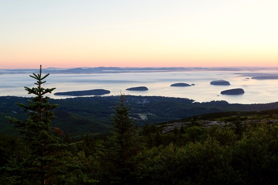 A view from a point of high elevation overlooking forest, a small town, and body of water at sunrise.