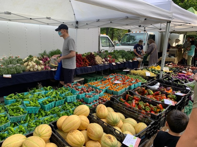 A display of fruits and vegetables at a farmer's market. Melons, peppers, tomatoes, leafy greens and more sit in cartons and crates as onlookers browse and shop under an awning.