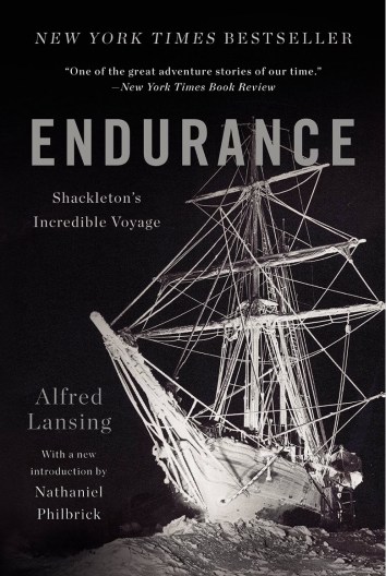 The book cover of "Endurance" with a high contrast black and white photo of the Endurance shipwreck on a black background.