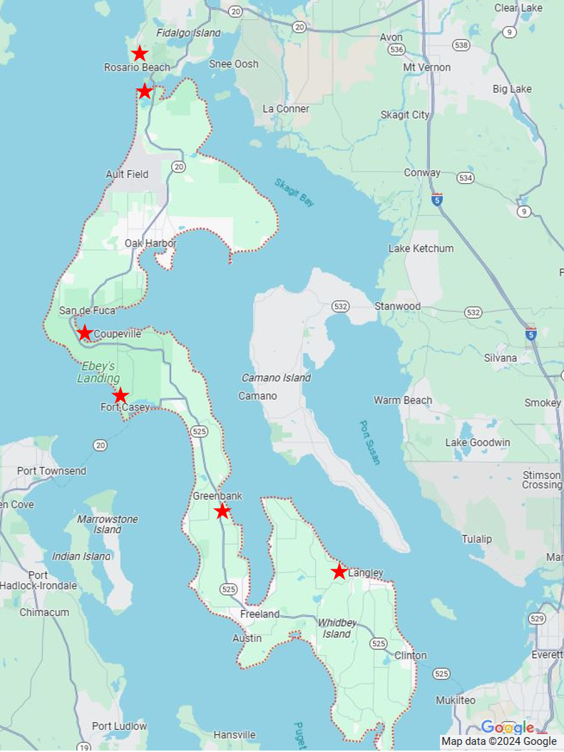 Map of Whidbey Island with stars marking outdoor locations to explore.