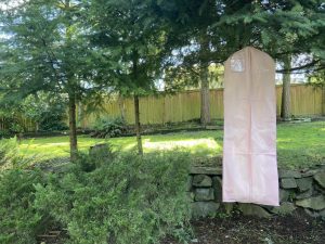 A blush-colored garment bag hangs from a tree branch in front of a rock retaining wall with trees and grass in the background. A fence runs through the back of the photo.