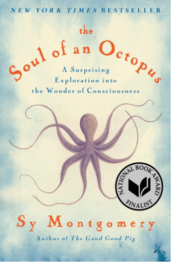 The book cover of "The Soul of an Octopus" with text superimposed on a pastel background with an octopus in the center.