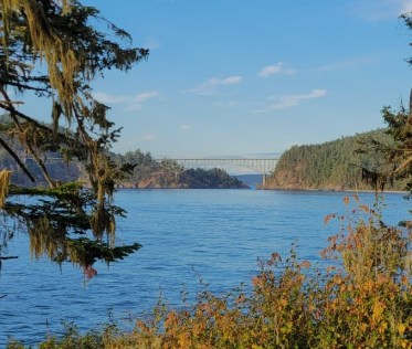 The Deception Pass Bridge peeks out from the forest of Evergreens and rocky beaches, sitting high above the turbulent currents as the sun begins to set.