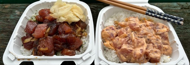 Two poke bowls with shoyu ahi on white rice with ginger on the left and spicy ahi on white rice on the right.