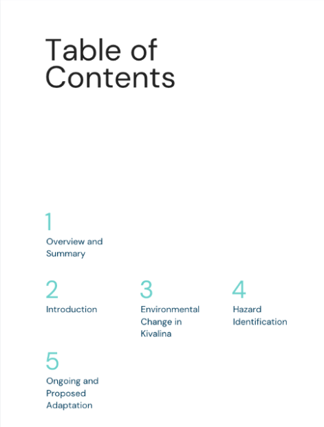 the table of contents page for our strategic plan including chapter 1 (overview and summary), chapter 2. (introduction), chapter 3 (environmental change in Kivalina), chapter 4 (hazard identification), and chapter 5 (ongoing and proposed adaptation).