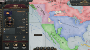 An in-game screenshot of an alternative history map of North America. The year is 1857, and the United States does not claim territory west of the Rockies. Mexico controls what is now called California, Nevada, and Arizona. A breakaway nation of Oregon has been established in what is now British Columbia, Washington, Oregon, and part of Idaho. A summary box on the nation of Oregon shows a blue flag with a gold beaver. The government is a republic focused on agriculture, liberal reforms, and defending its borders.