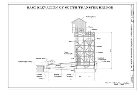 A schematic of a transfer bridge. A machinery house sits on top of a platform, controlling the height of a bridge connecting railroad tracks to waiting barges.