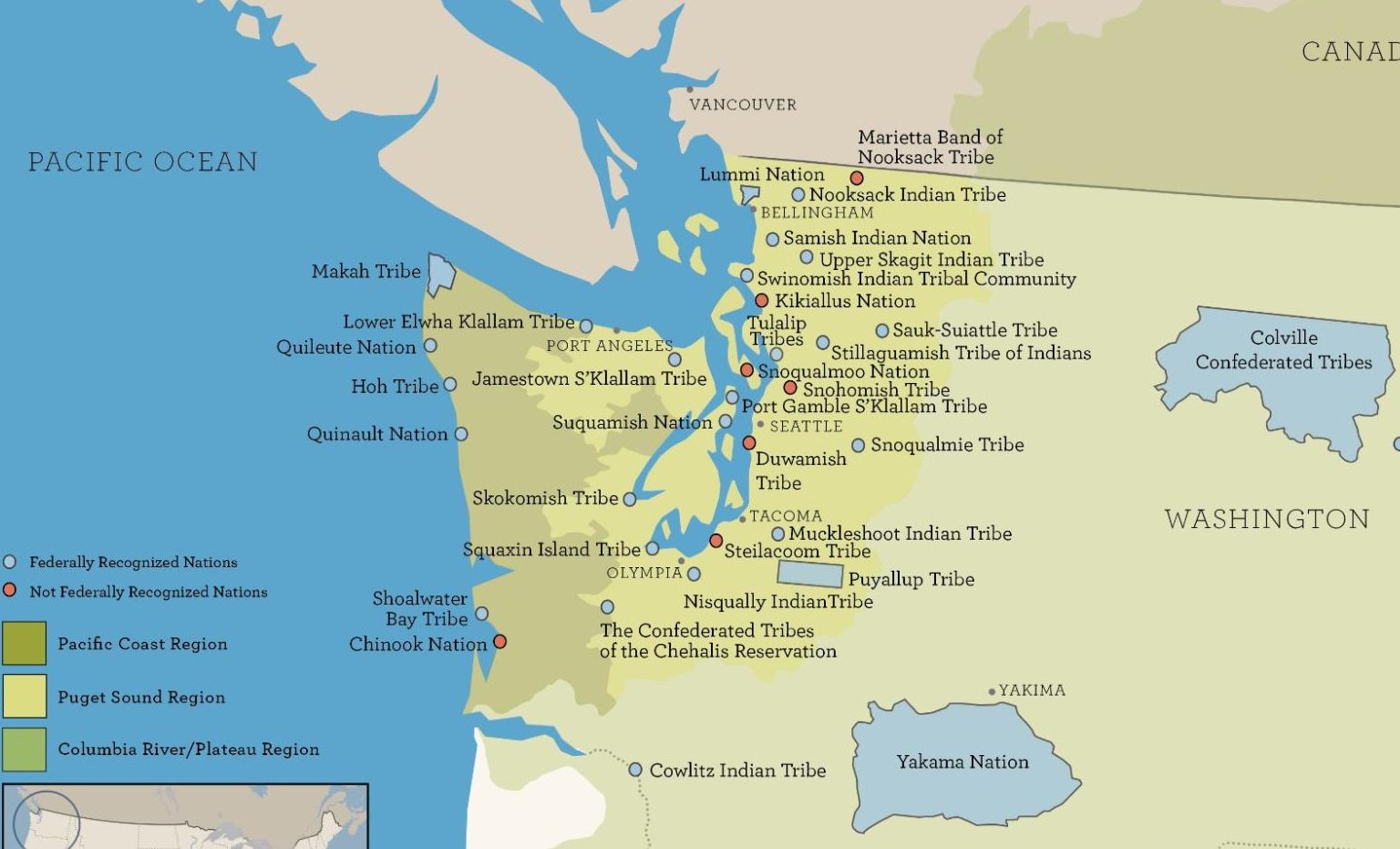 This zoomed in map of the Pacific Northwest illustrates the Native Nations and their geographic locations in Washington, northern Oregon, and western Idaho.