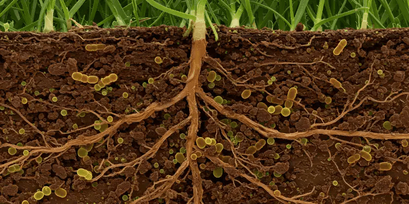 Alt text: Plant root system in a cross-section of soil. A diverse microbial community lives around the roots of the plant.