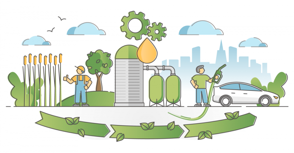 Alt text: Simple cartoon diagram depicting the process of harvesting plant biomass and processing it to power biofuel systems.