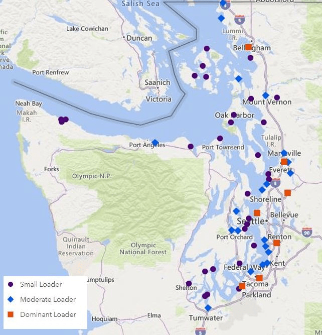 Alt text: Map displaying Puget Sound, indicating the location of the 58 wastewater treatment facilities that discharge directly into Washington’s estuaries.
Image permissions for educational purposes, properly credited to WA DoE: https://ecology.wa.gov/about-us/accountability-transparency/website-information/copyright-information 