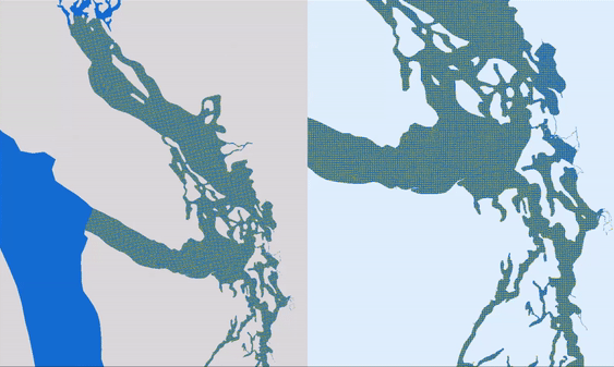 Alt text: Map of the Salish Sea with animated yellow patterns displaying microplastic transport, analyzed using a particle tracking model and hydrodynamic solutions by the Salish Sea Model.