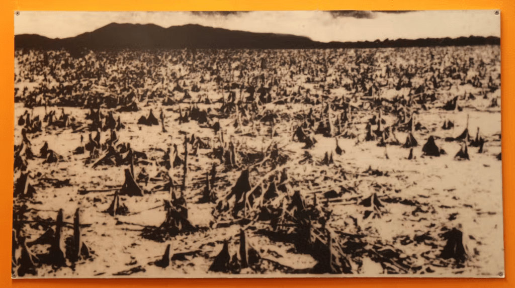 Alt text: A photo of mangroves in Cần Giờ after being sprayed by chemical defoiliants.