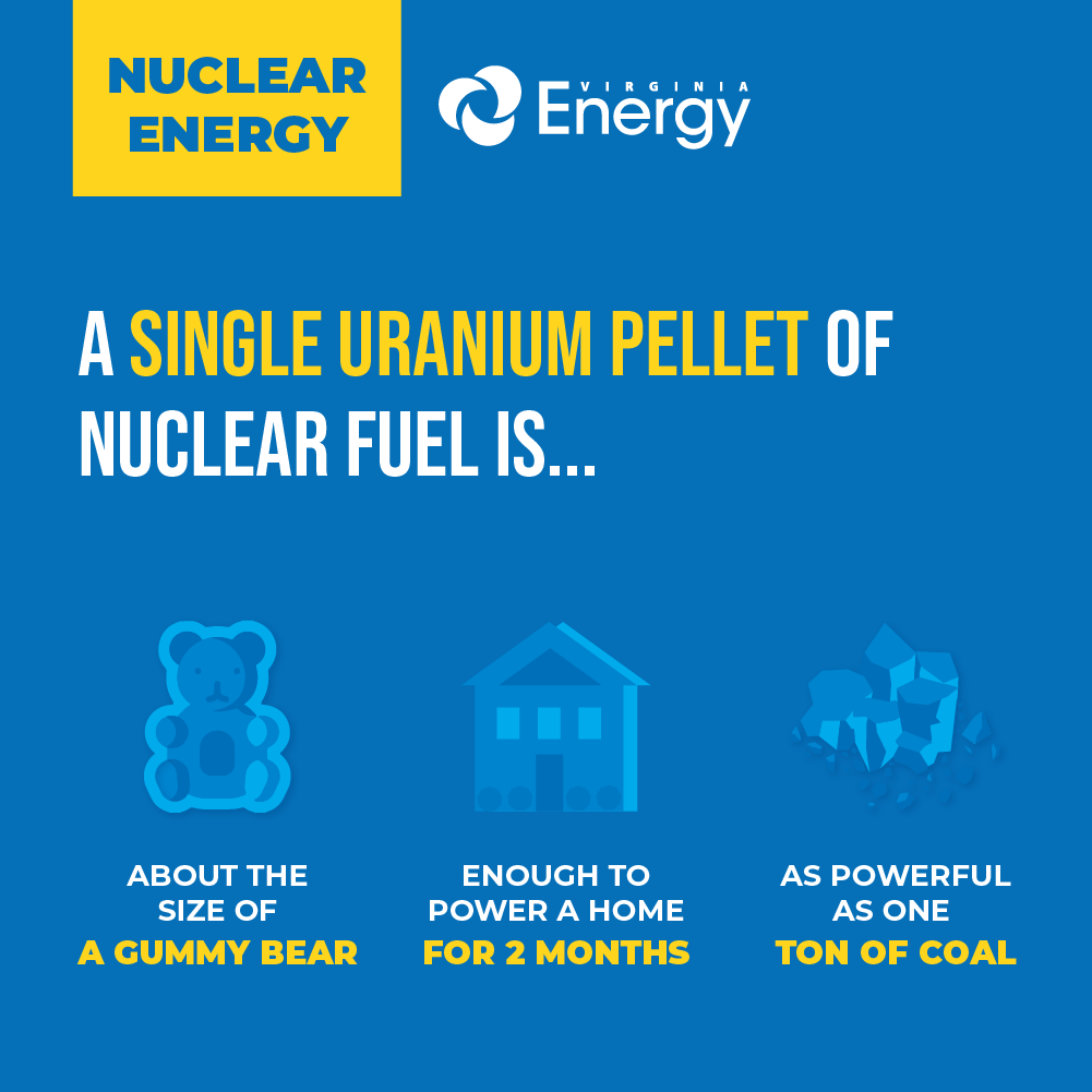 Alt text: infographic comparing the size and scale of nuclear energy, using images of a gummy bear, coal, and a house.