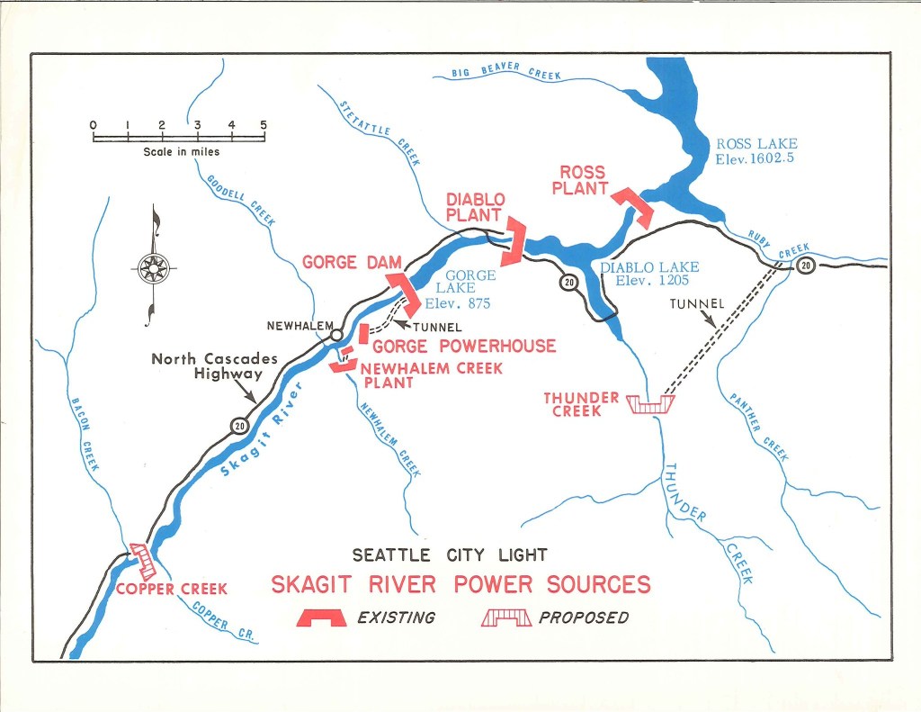 Alt text: A drawn map showing the location of hydropower dams on the Skagit River.