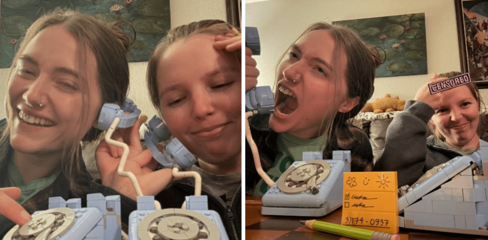 Alt text: SMEA students, Haley Walk and Emma Klessig, building LEGO phone kits