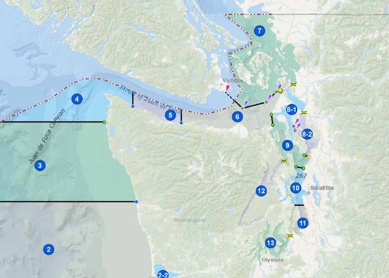 Alt text: map of Washington’s marine areas, which are used to manage resources like Dungeness crab. Each different management area is numbered.