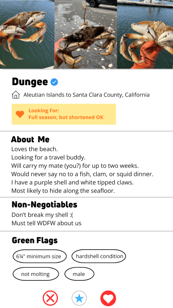 Alt Text: A profile of Dungeness crabs, featuring three Dungeness crab pictures at the top of the profile. The profile includes general information about the Dungeness crab as well as a quick reference guide for which Dungeness crabs can be kept.