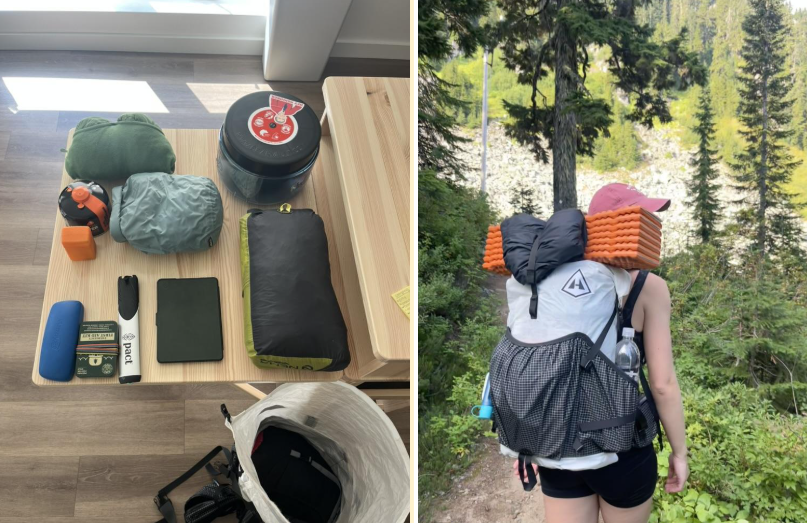 Alt text: (Left) Unpacked gear laid out on a table for a backpacking trip. (Right) Anna Lewis backpacking through a forest.